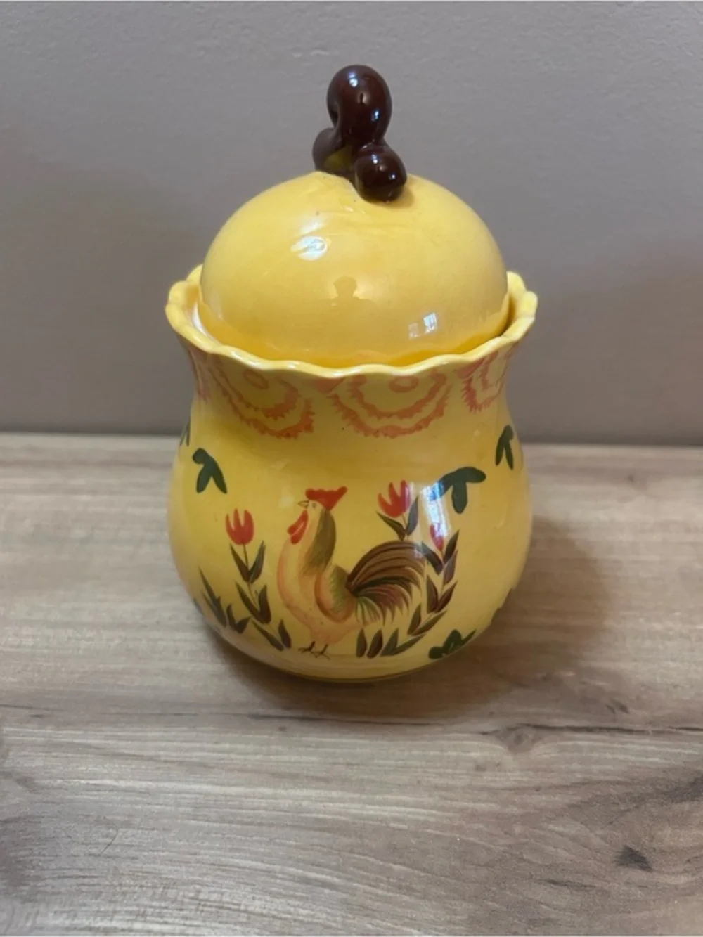 Vintage Yellow Rooster Ceramic Jar with Brown Knob
